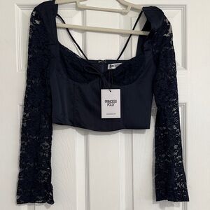 Princess Polly Navy Lace Long Sleeve Crop Top